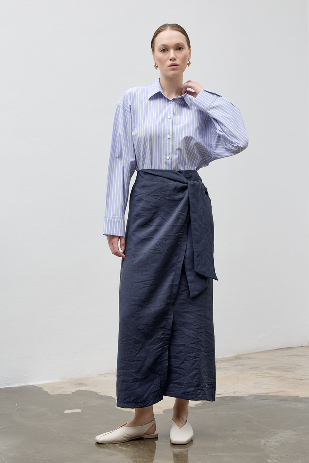 Navy Blue Long Nerina Skirt with Front Tie Detail