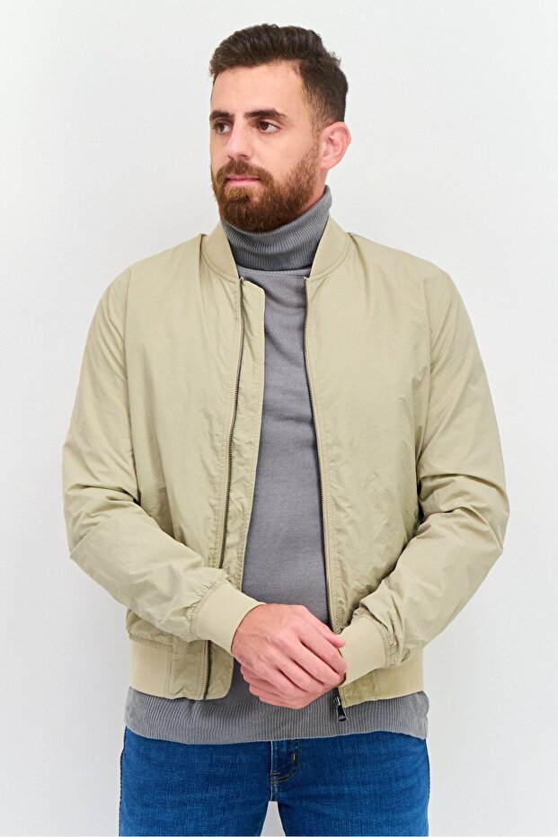 Men Plain Bomber Jackets, Beige - 1
