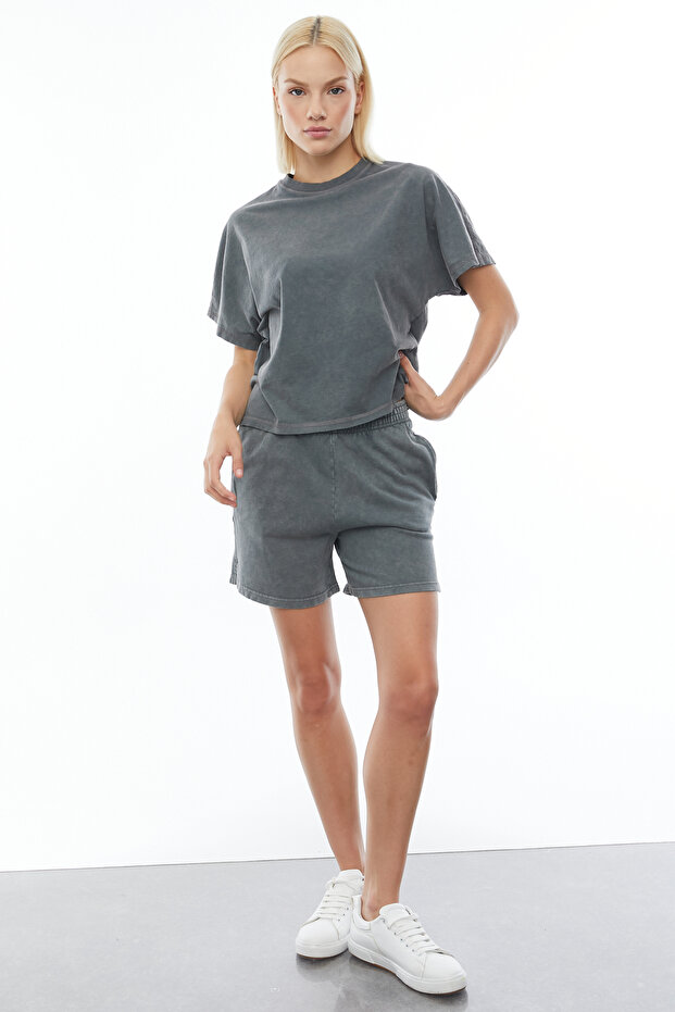 Yıkamalı Beli Lastikli Regular Şort - 1