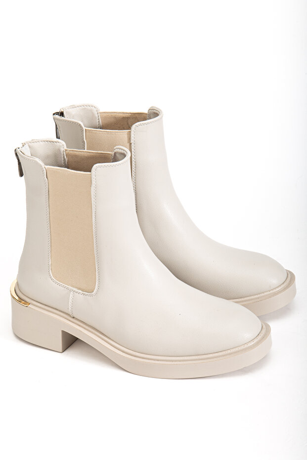 Women's Beige Leather Side Elastic Detailed Back Zipper Boots