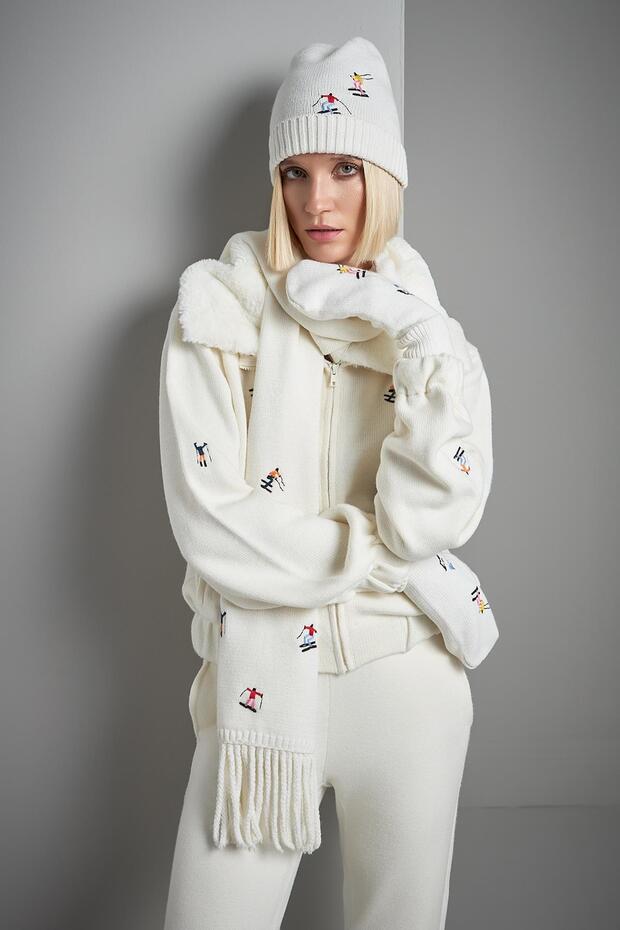 Nakış Figürlü Ekru Triko Eldiven - 6