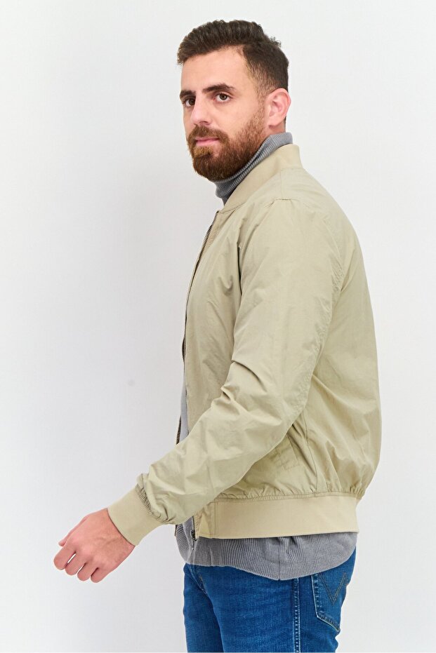 Men Plain Bomber Jackets, Beige - 2