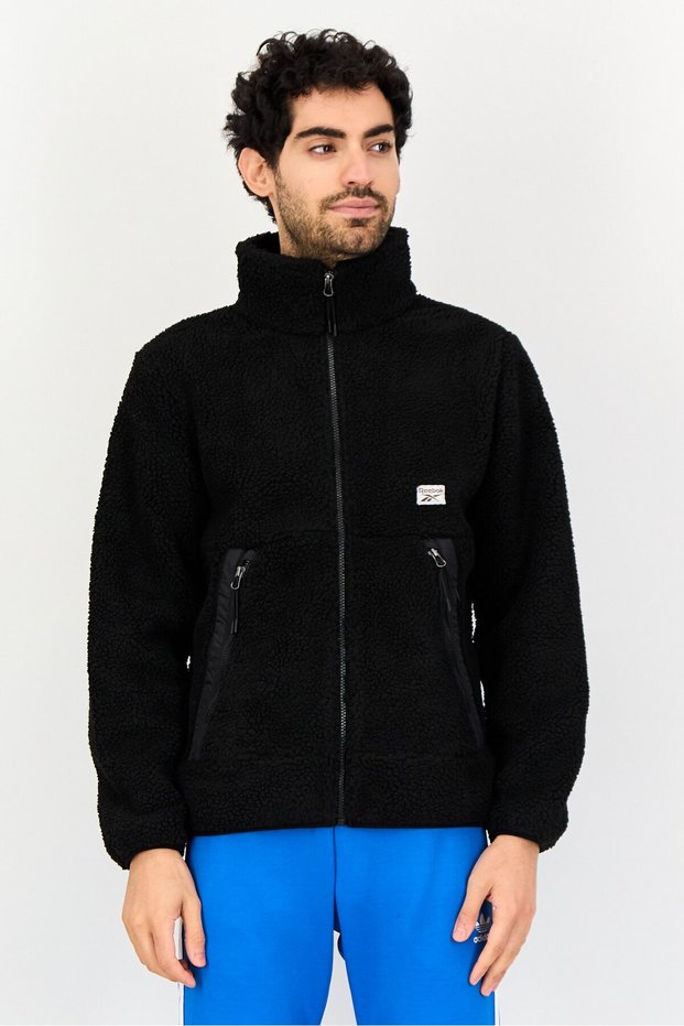 Men Sportswear Fit Long Sleeve Outdoor Faux Fur Jacket, Black