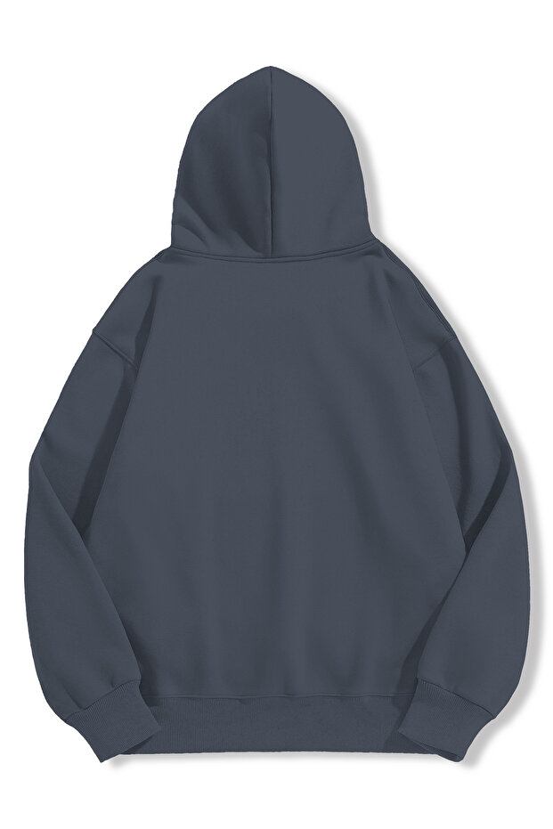 Unisex Antrasit Oversize Fit Kapüşonlu Pamuklu Basic Sweatshirt - 3