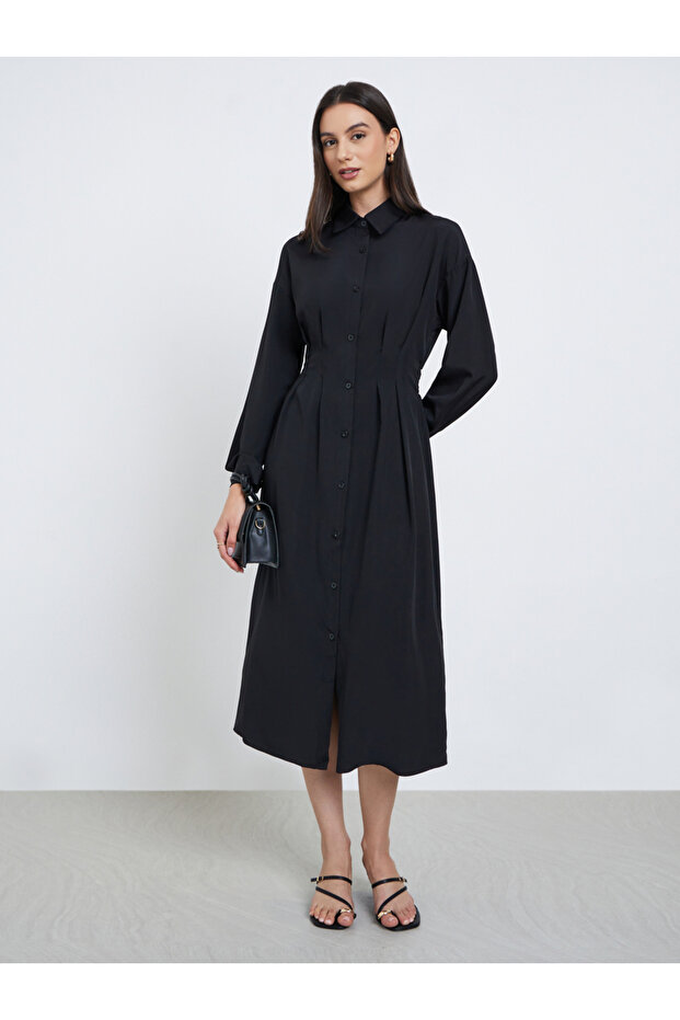 Black Shirt Midi Dress with Buttons