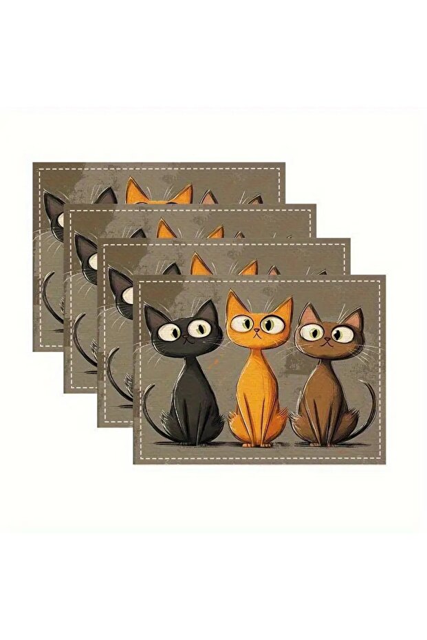 4Pcs Cat Pattern Woven Polyester Single Sided Printed Table Mat Set - 4