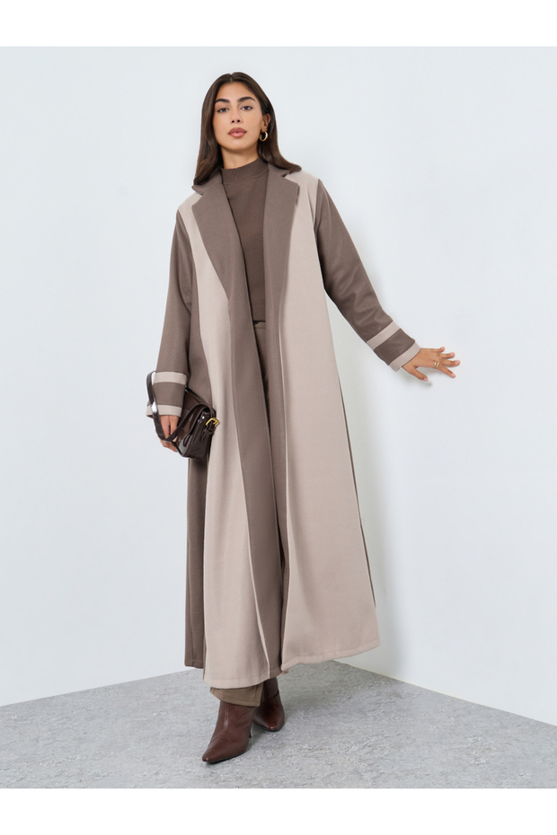 Beige Color Block Notch Label Collar Abaya