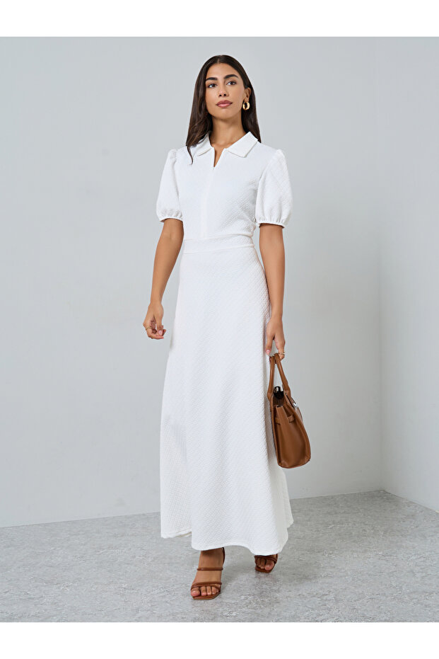 White Textured Maxi Dress with Puff Sleeves