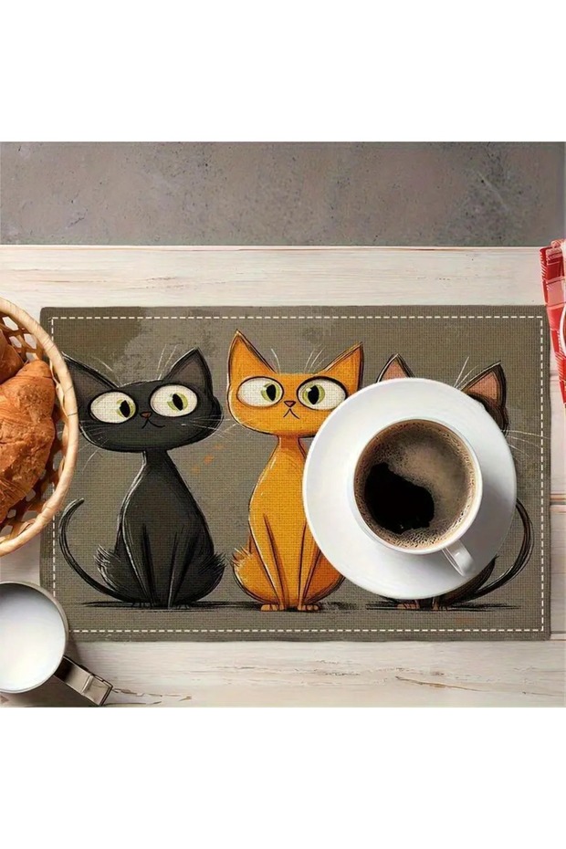 4Pcs Cat Pattern Woven Polyester Single Sided Printed Table Mat Set - 5