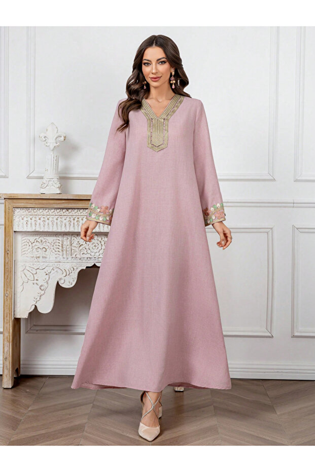 Embroidery Detail Long Sleeve Maxi Jalabiya