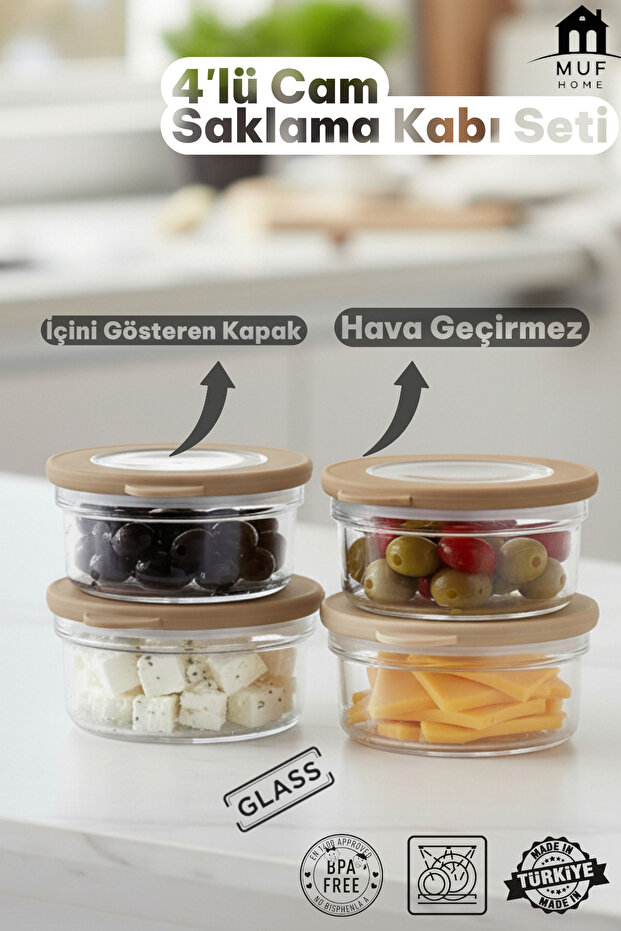 4-Piece Glass Storage Container Set - Breakfast, Food Storage Container - Lid Revealing the Inside - 4 X 415Cc -