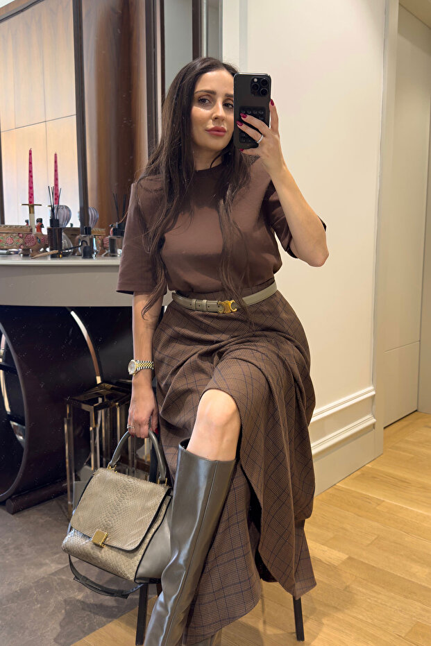 Plaid Pattern Diagonal Skirt - BROWN - 7