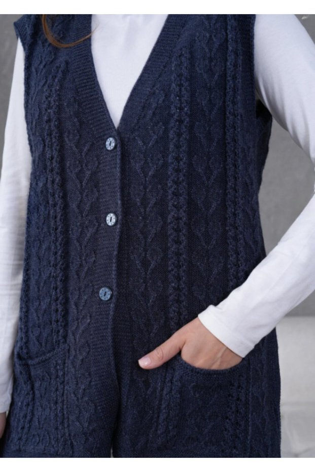 Women's Knitwear Lace-Like Knit Wool Vest with Pocket Detail