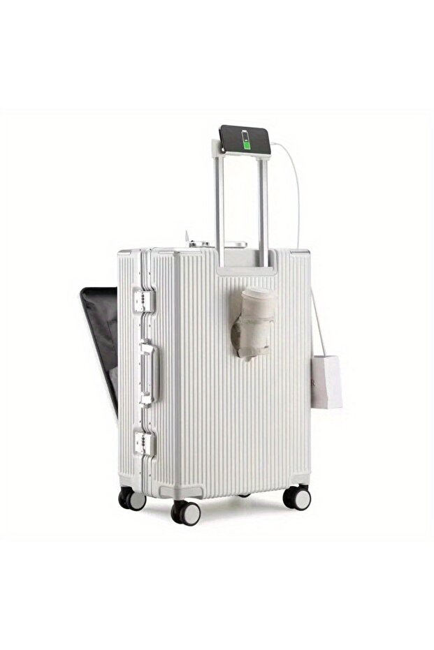 20" Luggage Multifunctional Aluminum Frame Luggage Suitcase Set - White