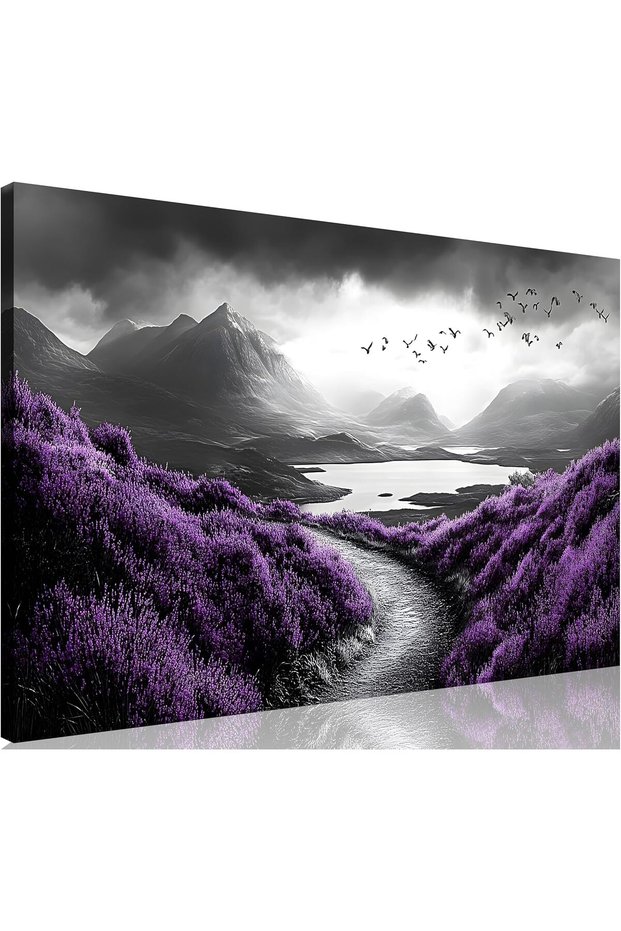 Purple Flowers Landscape Wrap Framed Art Nature Wall Decor (60x120 cm )