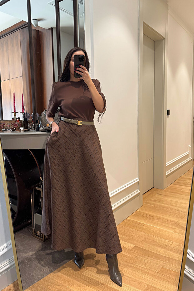 Plaid Pattern Diagonal Skirt - BROWN - 1