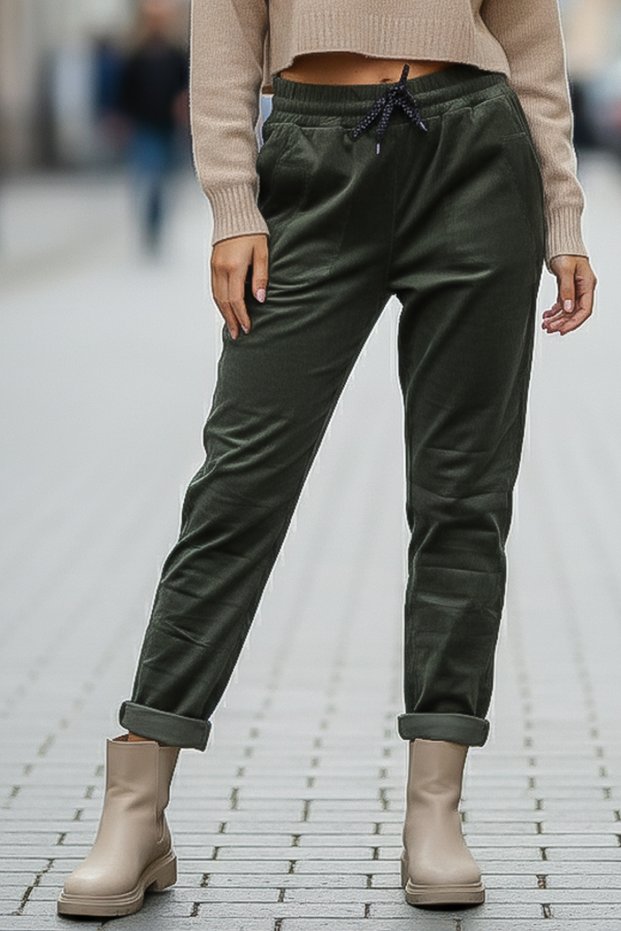 Khaki Pocketed Elastic and Tie-Waist Jogger Leg Casual Velvet Woven Trousers 100 60