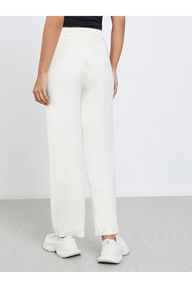 بنطال بيج سادة أرجل واسعة مع رباط - 4