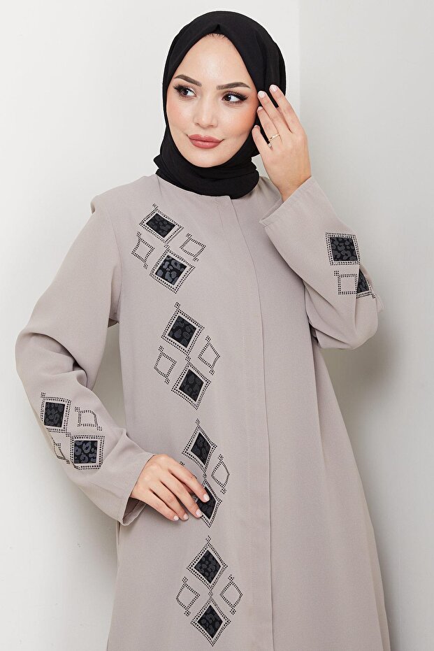 Deri İşlemeli Ferace Bej HM2849 - 3