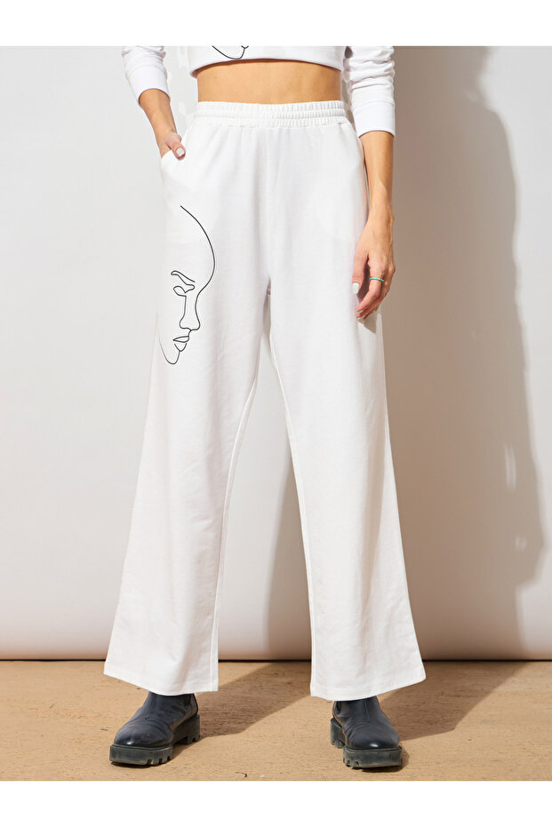 Women White Line Art Print Terry Wide Leg Pants