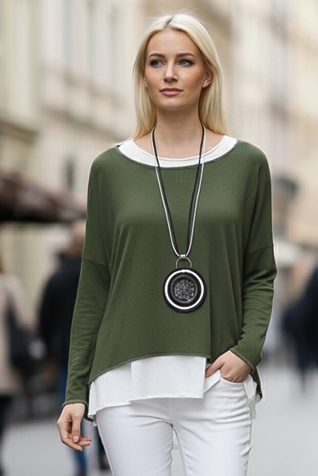 Khaki Pool Collar Long Sleeve Slim Two-Piece Set with Necklace Casual Ov Oversized Riko Blouse 70 74