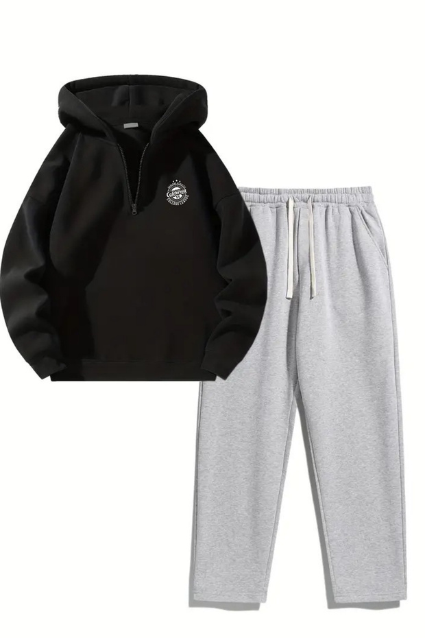Unisex Oversized Zippered Hooded Sweatpants Joger - California Logo Printed Sweatpants Set