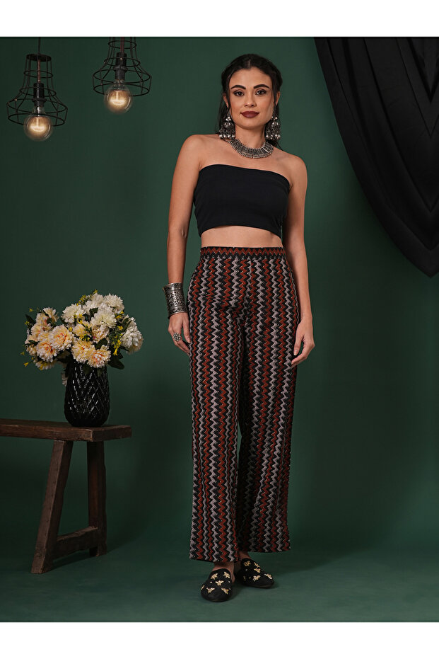 Black Cotton Chevron Print Straight Fit Trousers