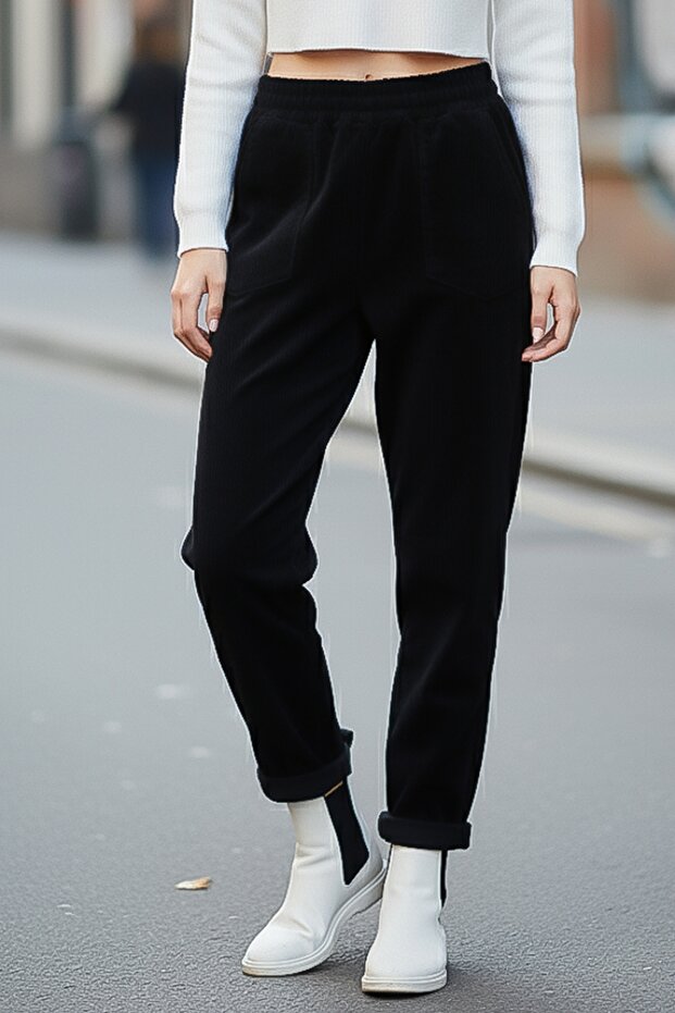 Black Pocketed Elastic and Tie-Waist Jogger Leg Casual Velvet Woven Trousers 100 60
