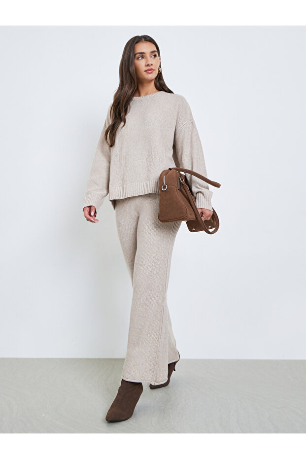 Beige Wide Leg Flat Knit Pants