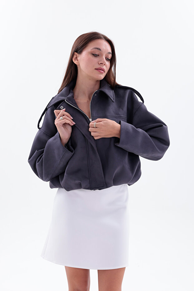 Oversize Dark Gray Suede Bomber Jacket - 4