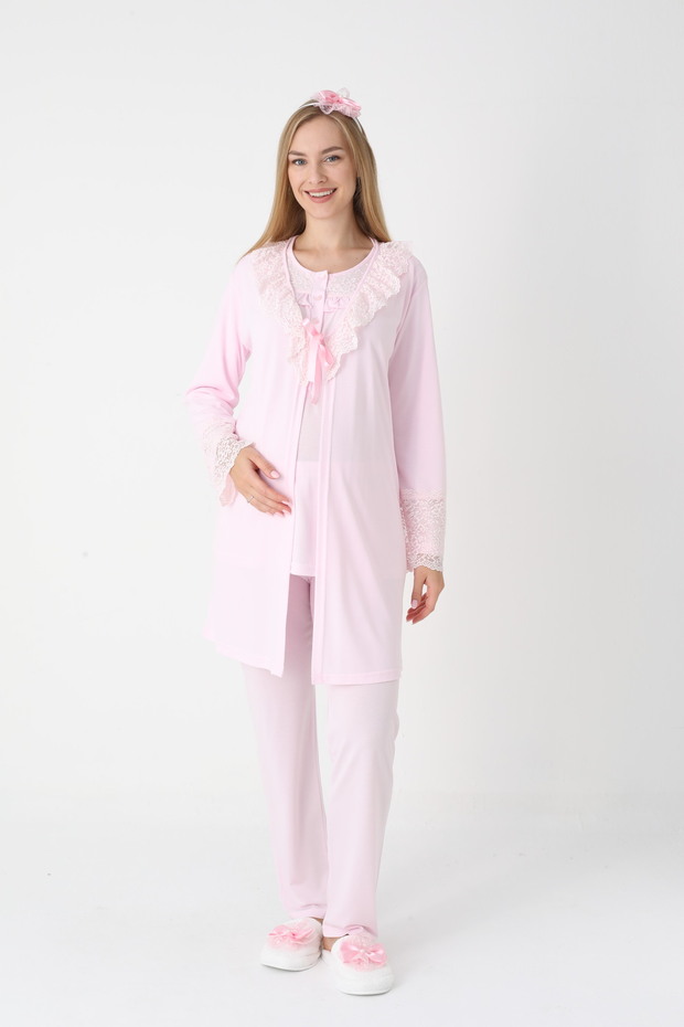 Women's Pink Design Long Sleeve Lace Maternity Pajama Set with Dressing Gown 3-Piece Set