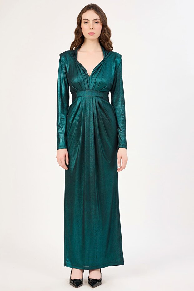 Drape detaylı abiye elbise - 3