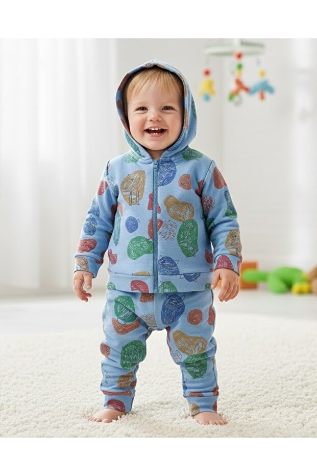 Hooded Printed Two Thread Men's Tracksuit Baby Set 6-9-12-18 Months