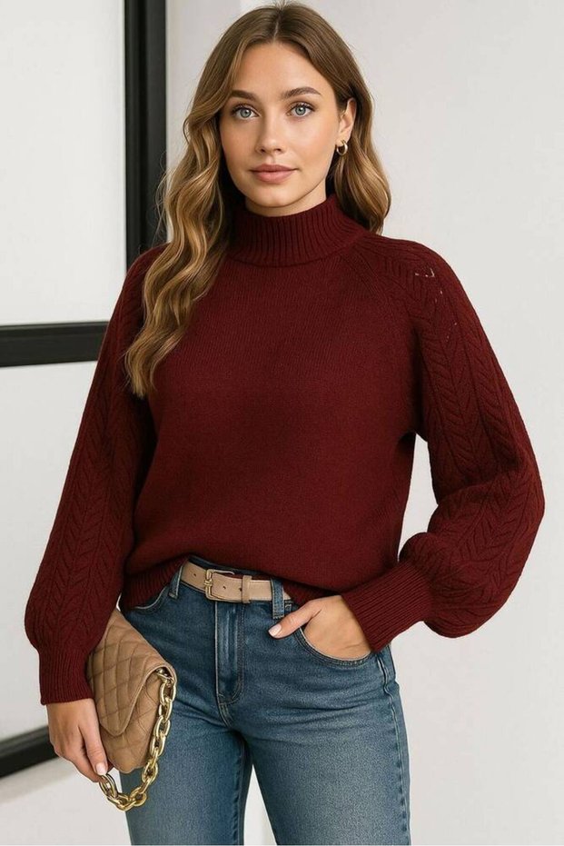 Crew Neck Openwork Sweater Burgundy