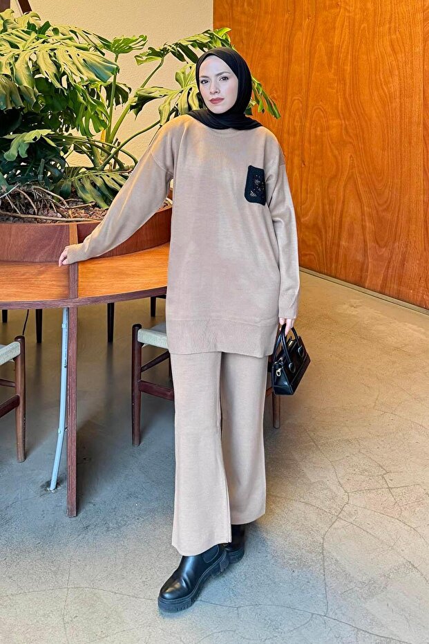 Lace Pocket Detailed Knitwear Set Camel