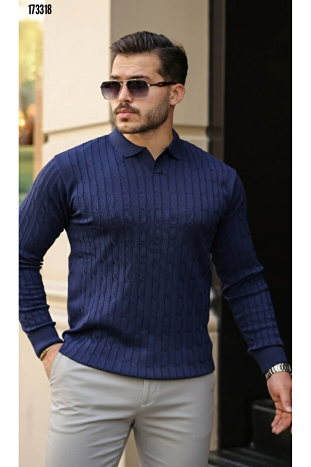 Men's Knitted Pattern Long Sleeve Knitwear Polo Neck Sweater