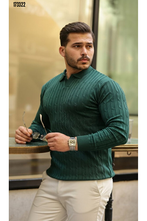 Men's Knitted Pattern Long Sleeve Knitwear Polo Neck Sweater