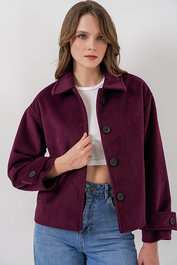 Women's Pocketed Double-Breasted Long Sleeve Short Cashmere Jacket 0724 - Plum