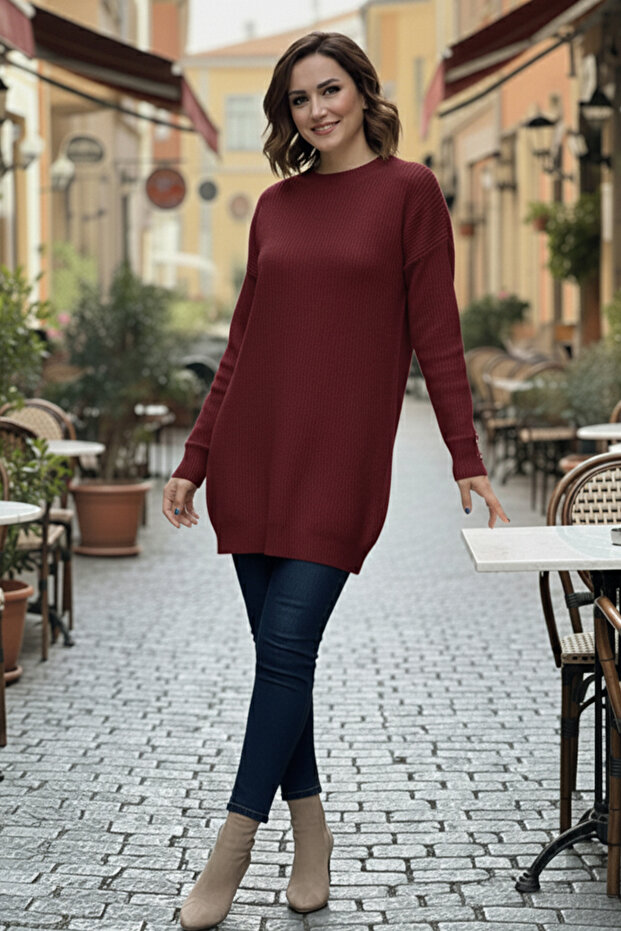 Knitted Sweater with Buttoned Sleeves R4474 Burgundy