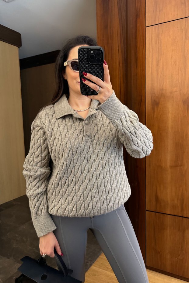 New Season Buttoned Knitwear Sweater with Braided Hair - Beige