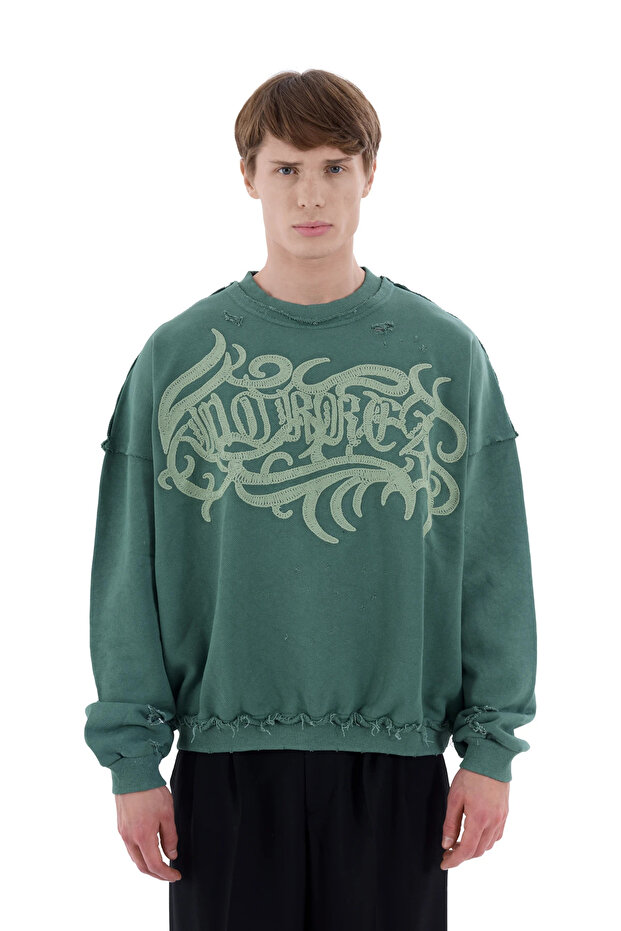 Green Washed Embroidered Sweatshirt - 1