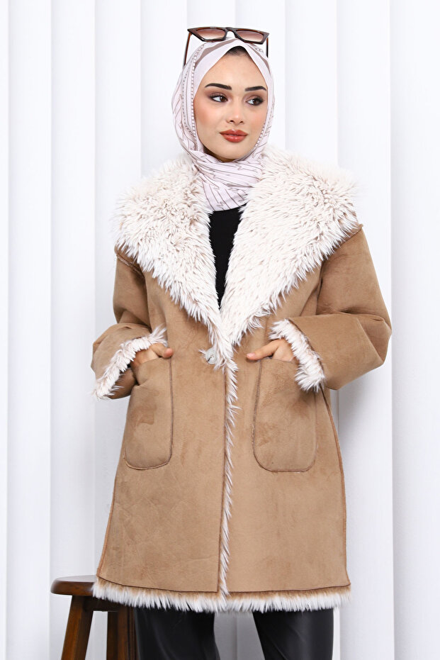 Mink Double-Breasted Suede Coat with Fur Inside the Collar