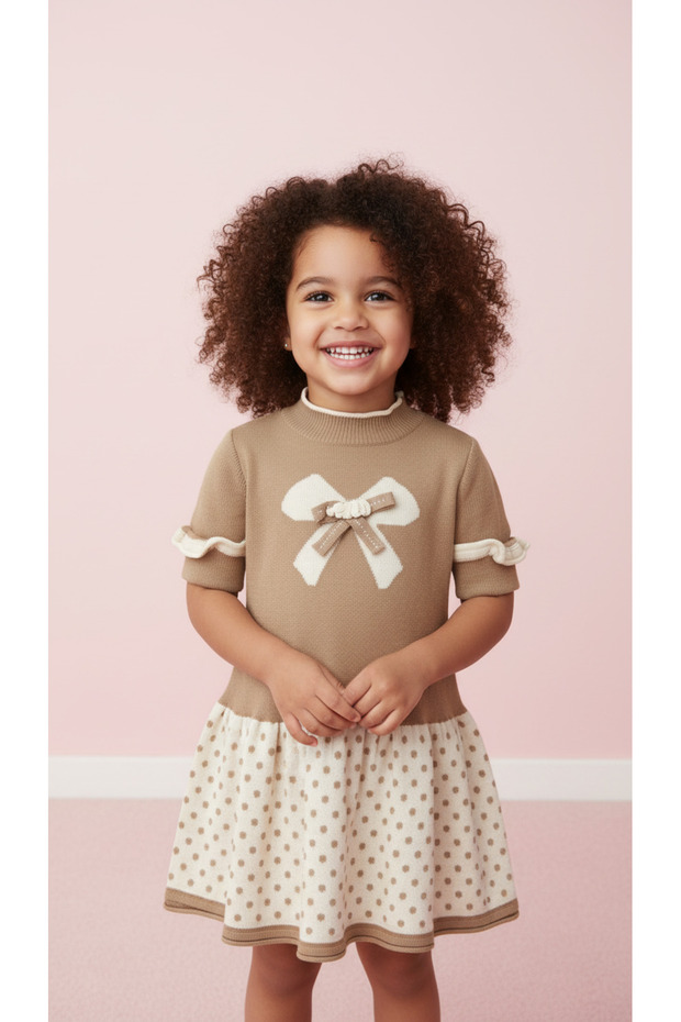 Girl's Beige Knitwear Polka Dot Dress