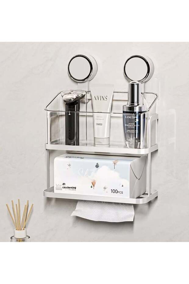 Bathroom Shelf with Tissue Holder, 2-Tier Suction Cup Shower Caddy, No-Drill Wall Mounted Shower Or