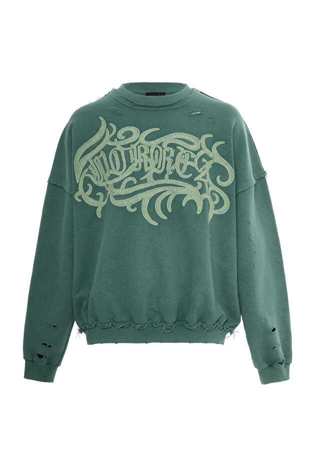 Green Washed Embroidered Sweatshirt - 3