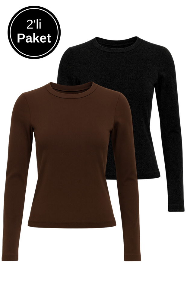 Women's Black-Brown 2-Pack Crew Neck Stretchy Fabric Bodycon Slim Fit Long Sleeve Crop