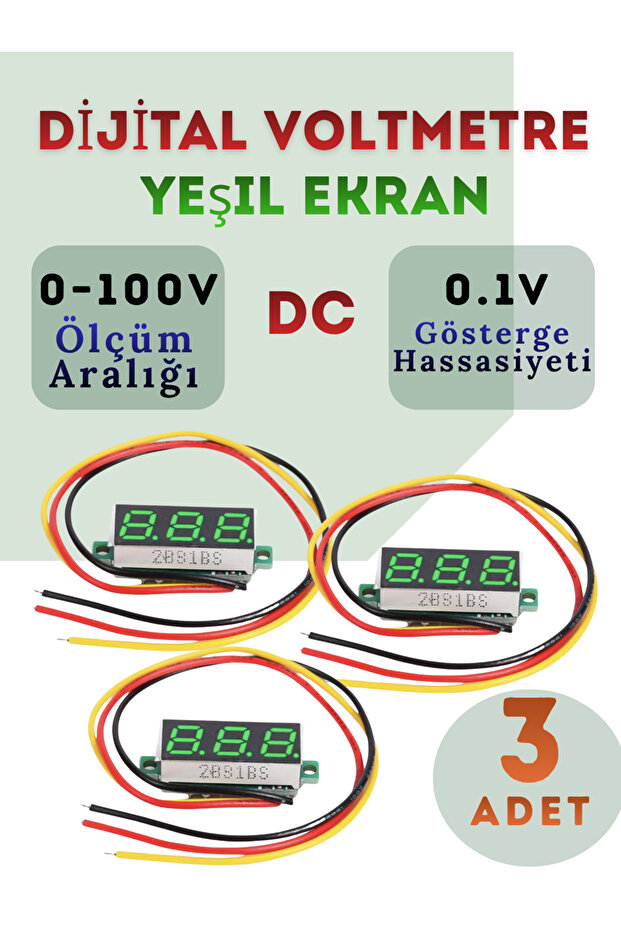 3-adet Dijital DC Voltmetre Seti 0–100V, 0.28" yesil Ekran - 1