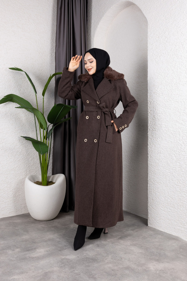 Women's Double-Breasted Fur Collar Belted Full Length Coat