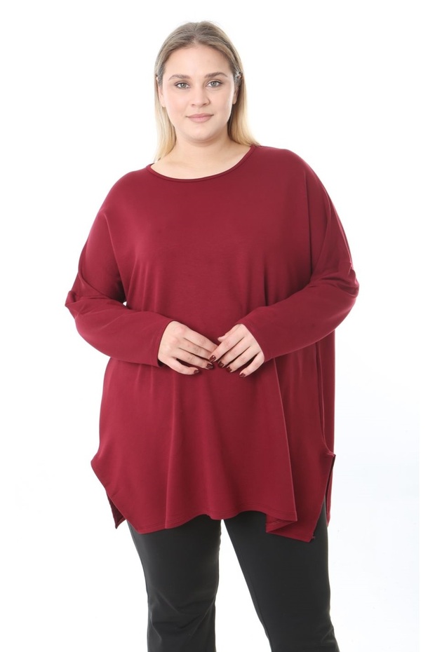Women's Plus Size Crew Neck Long Sleeve Loose Soft Textured Cupra Fabric Plain Blouse 25081