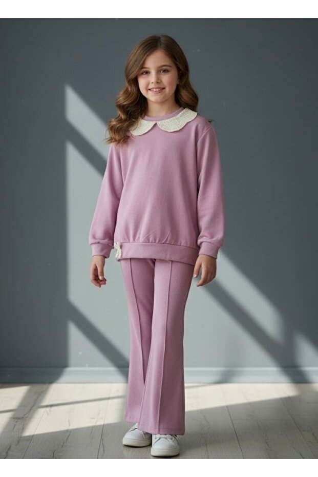 Girl's Collared Flared Lilac Top and Bottom Set